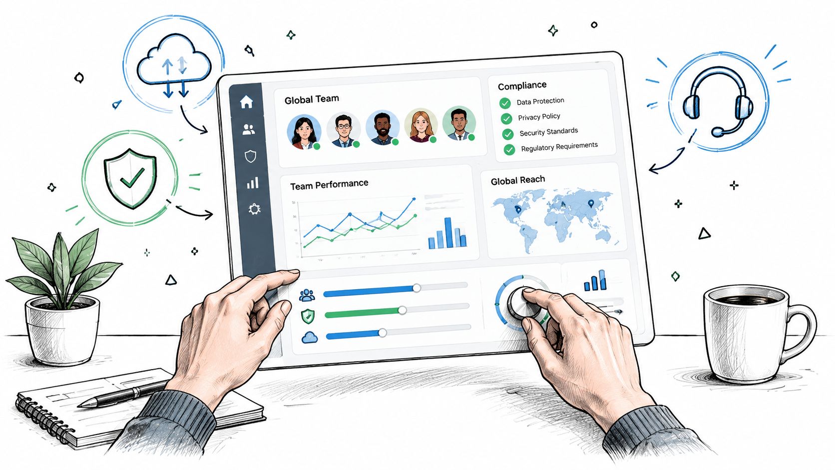 A person using a digital tablet to manage global team performance metrics and data security compliance settings.