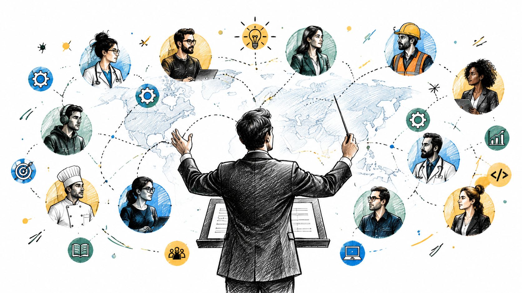 A conductor leading a diverse global workforce illustrated as professional icons connected to a world map.