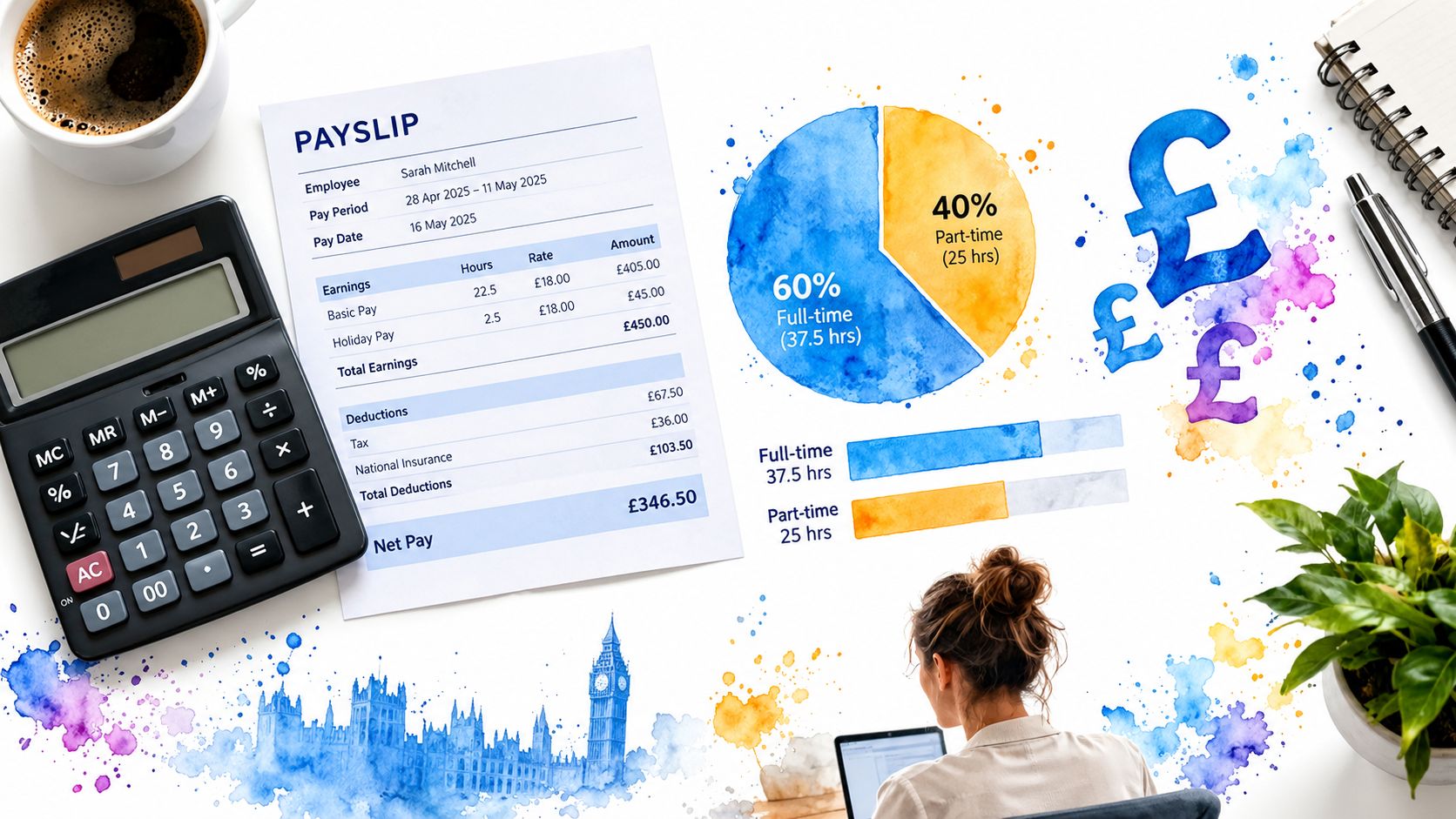 A professional desk workspace with a payslip, calculator, earnings charts, and a person working on a laptop.
