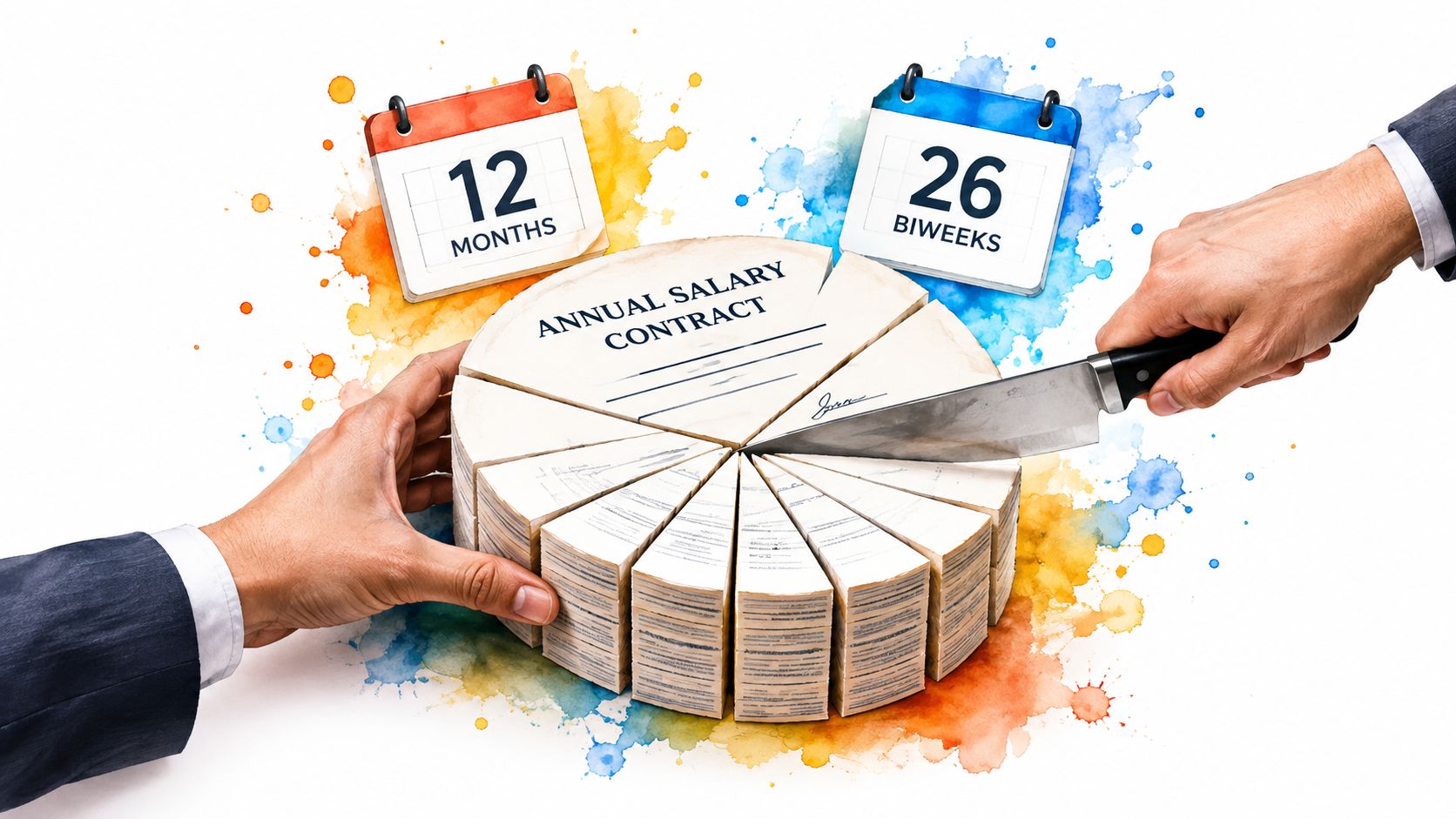 A hand slices a cake shaped like an annual salary contract representing monthly and biweekly payment schedules.