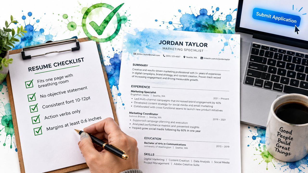 A checklist for a one page resume sits next to a professionally formatted resume on a desk.