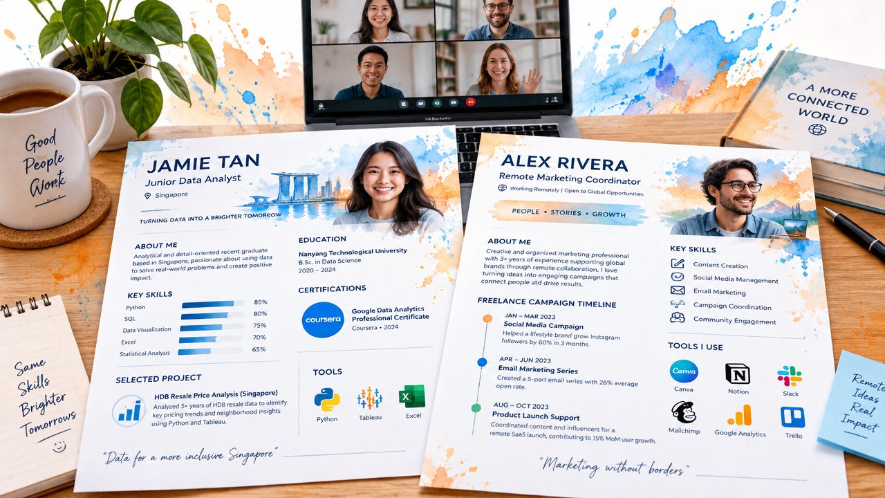 A professional desk setup featuring two resumes, a laptop with a video call, and office supplies.