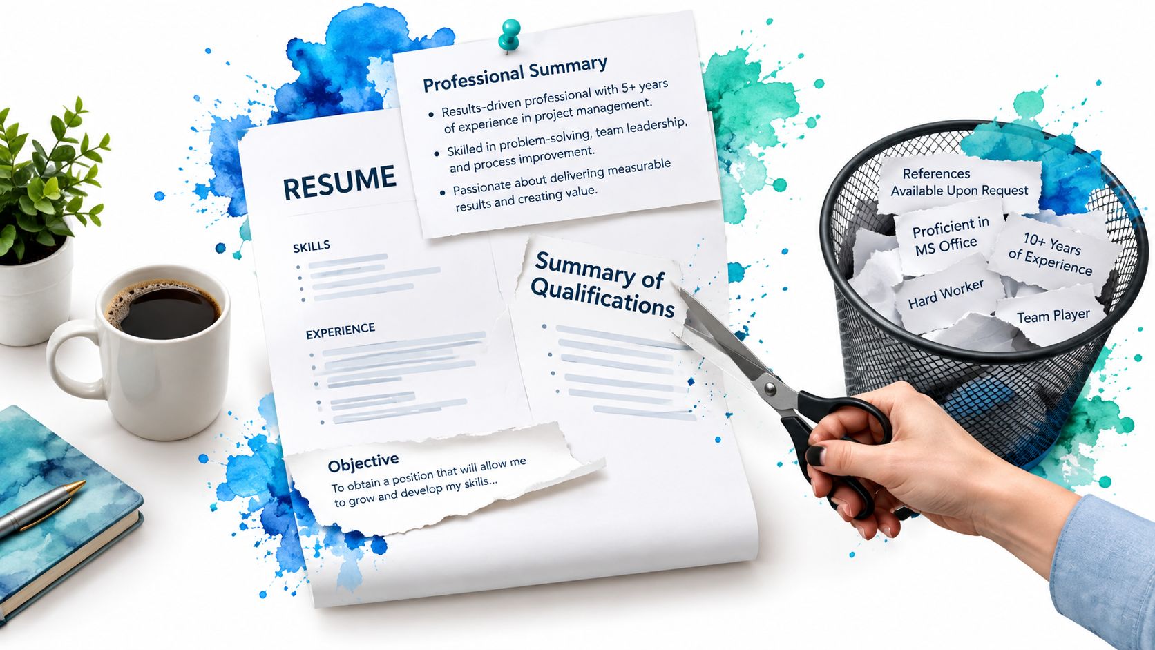 A hand uses scissors to cut a section from a resume into a trash can.