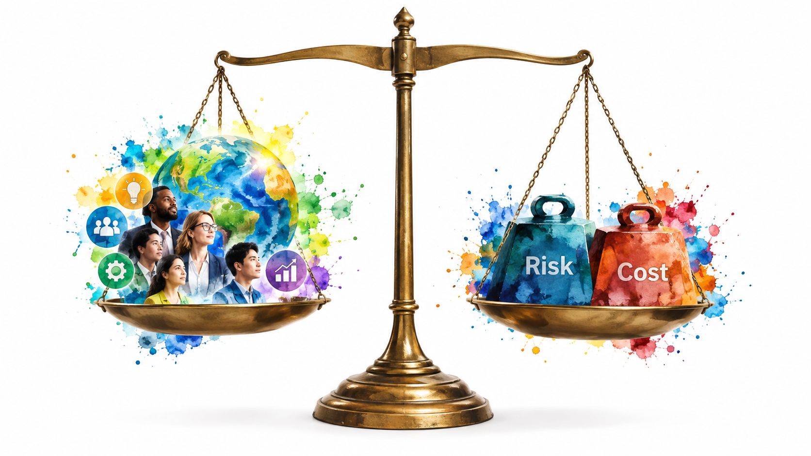A golden balance scale weighing global mobility services with people against risk and cost in a conceptual illustration.
