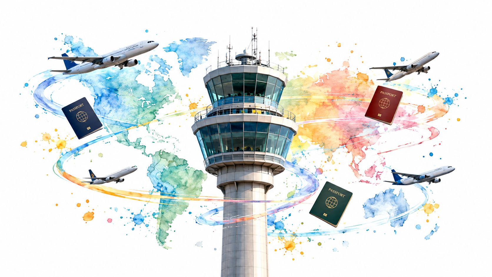 A digital collage showing an airport control tower with watercolor world map, airplanes, and international passports.