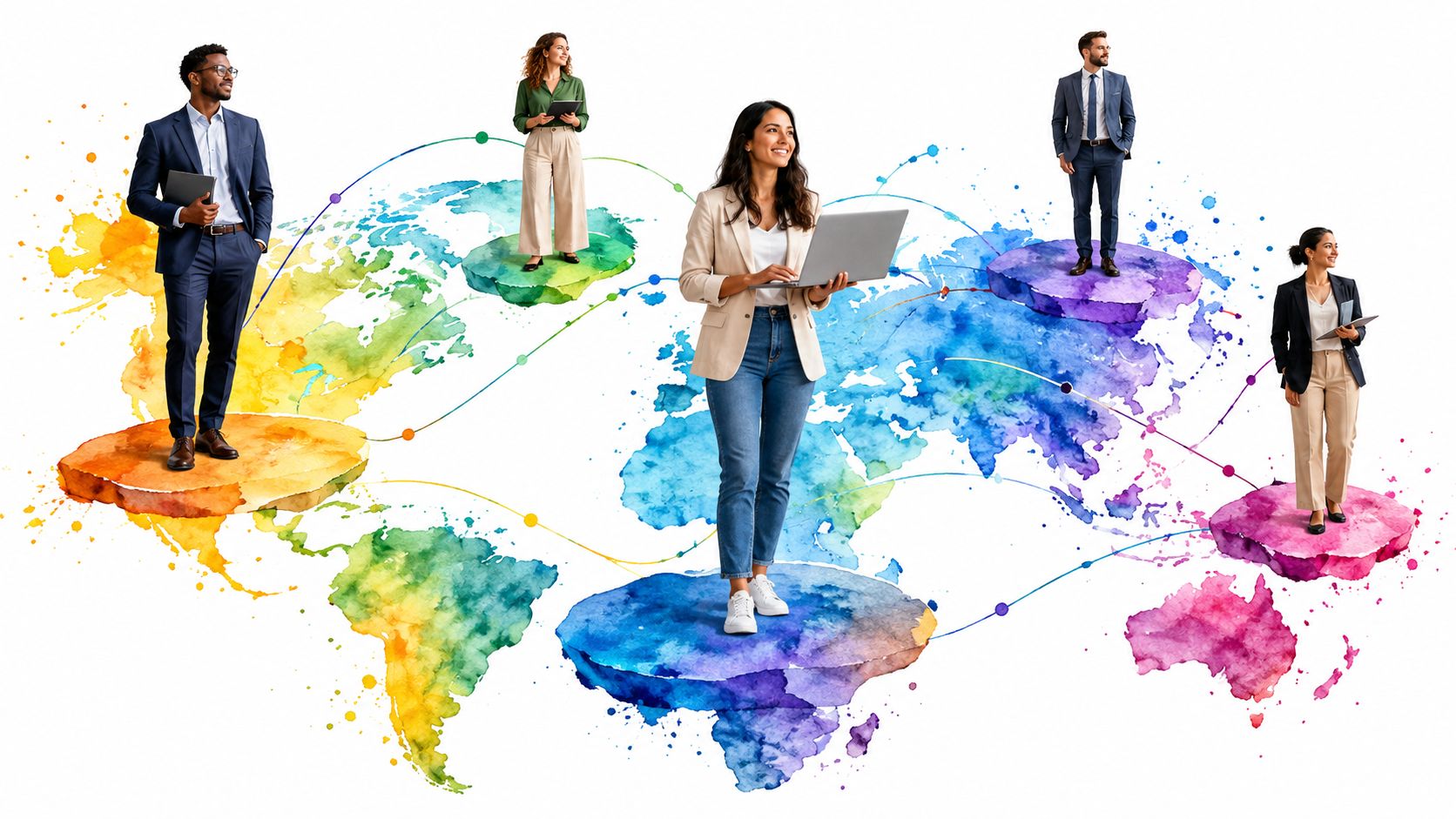 Diverse professionals standing on a watercolor world map representing interconnected global mobility services and international communication.