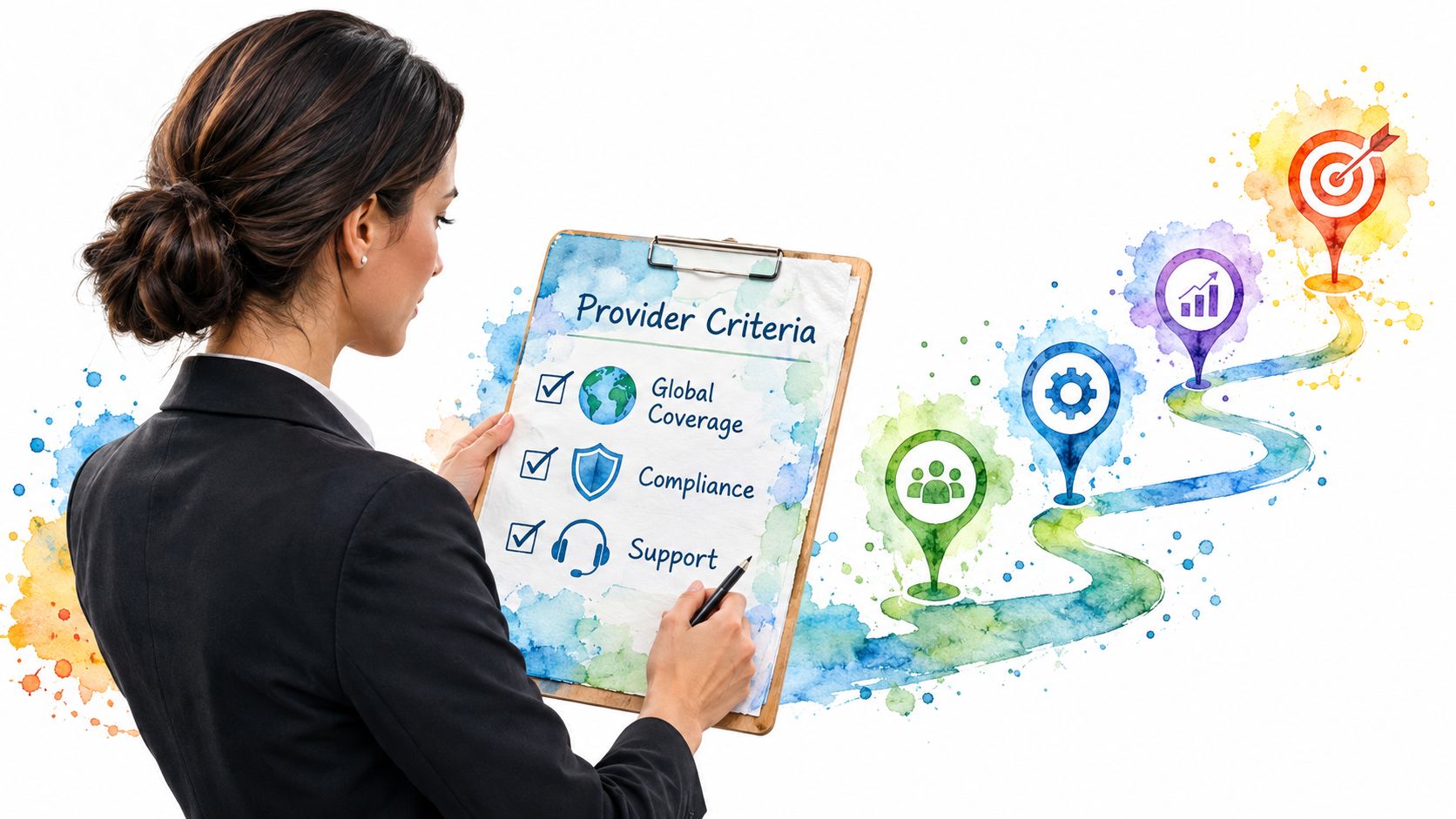 A professional woman checking a list of provider criteria including global coverage, compliance, and support services.