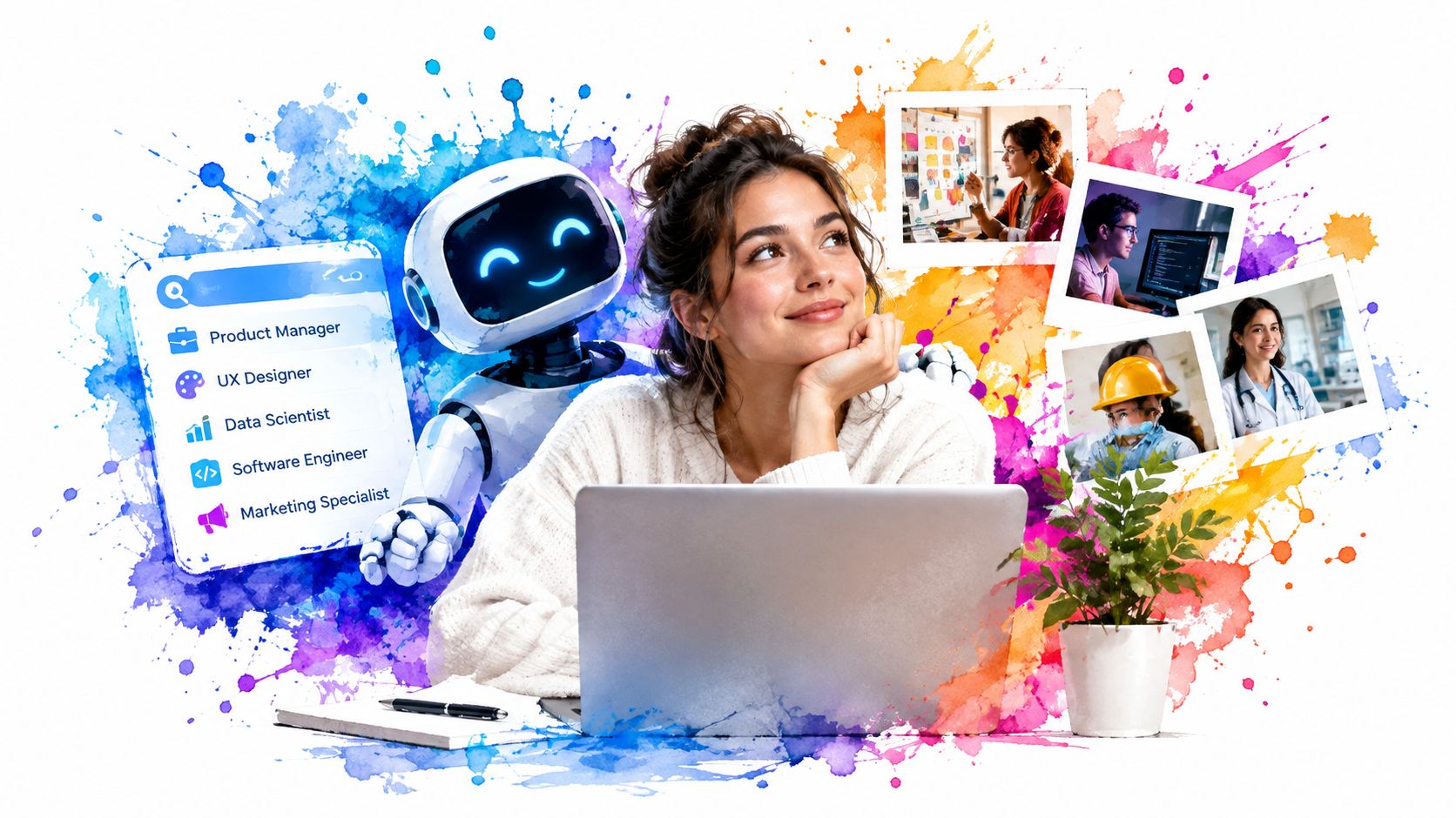 A woman thinking about her career options with an AI assistant beside her and professional career photos.