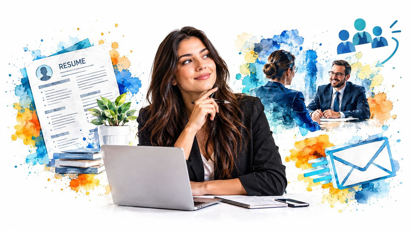 A professional woman uses a laptop to look for career opportunities with resume and interview imagery surrounding her.