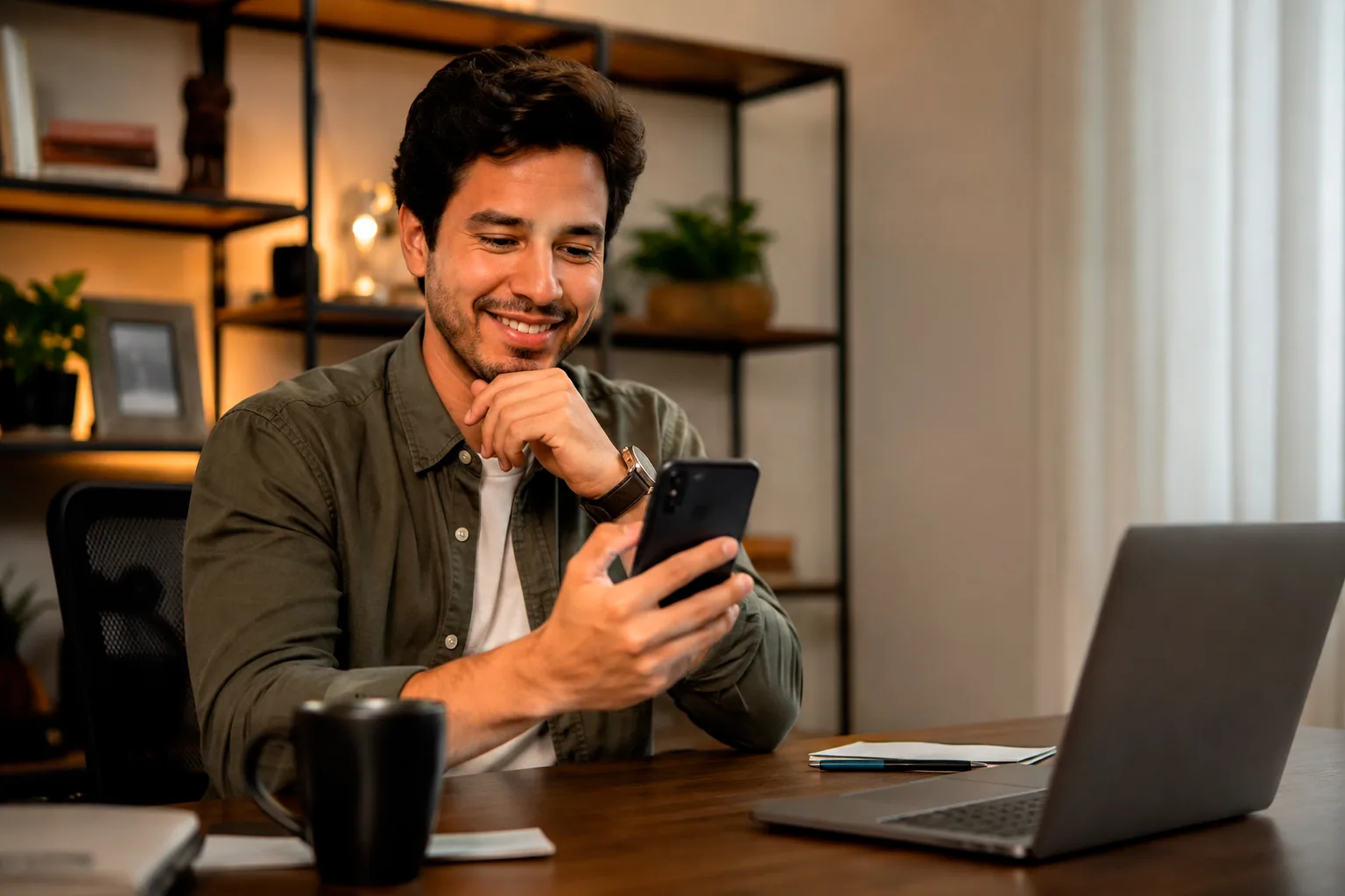 Pessoa sorrindo enquanto trabalha no computador