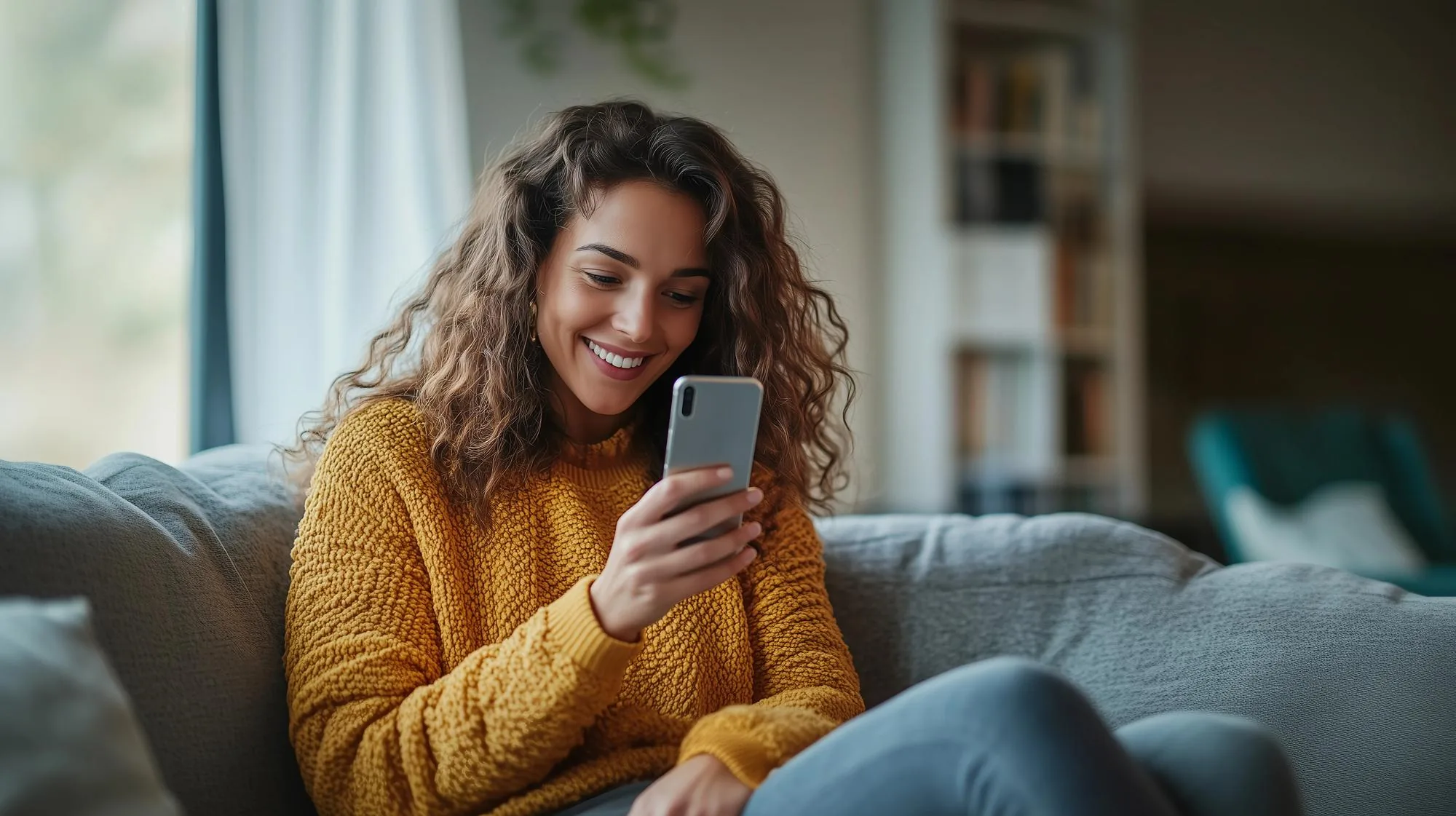 Pessoa sorrindo enquanto usa o celular