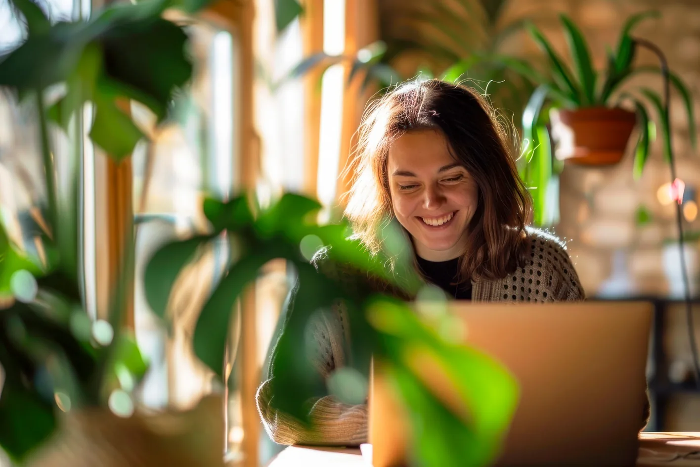 Pessoa sorrindo diante do notebook, cercada de plantas