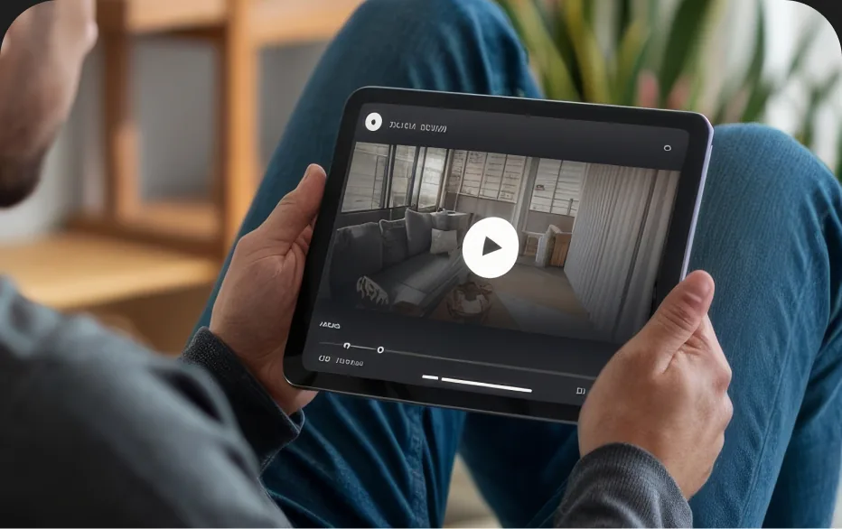 Mãos segurando um tablet com um vídeo pronto para tocar