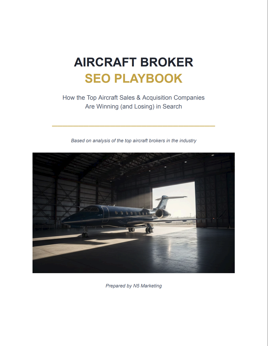 Aircraft Broker SEO Playbook 2026 — free playbook by N5 Marketing showing the model-specific SEO strategy for aircraft sales companies