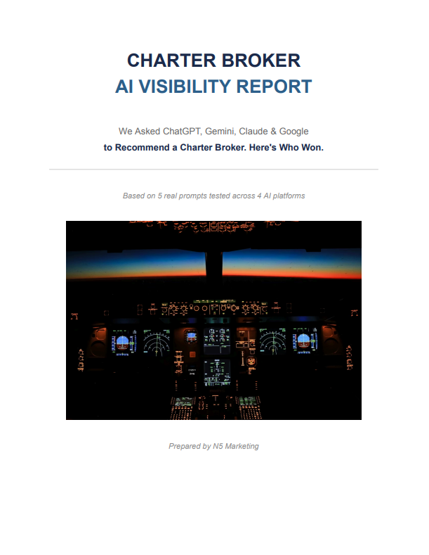Who Does AI Recommend cover — 2026 Charter Broker AI Visibility Report by N5 Marketing testing ChatGPT, Gemini, Claude, and Google AI