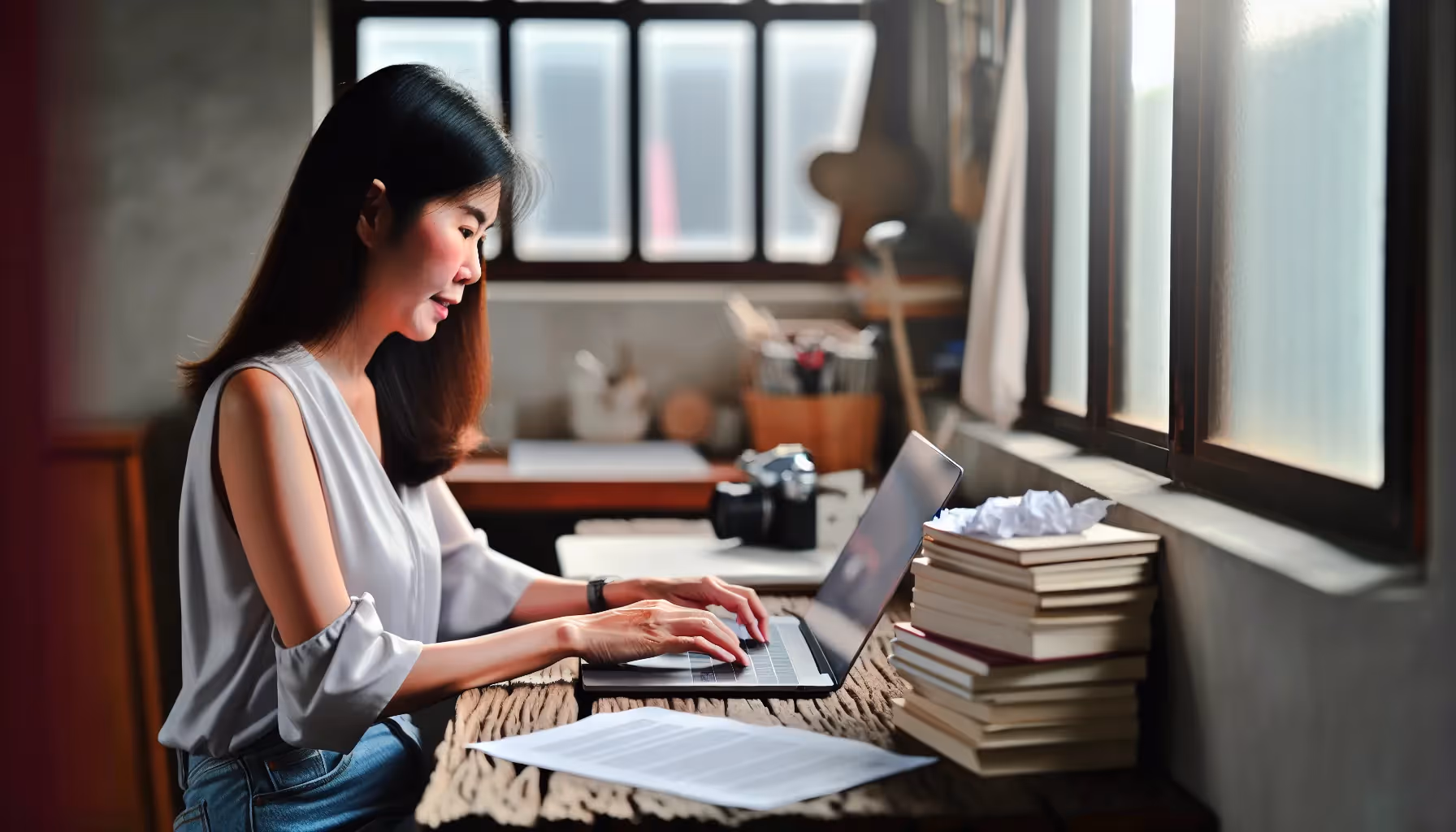 A person typing on a laptop while surrounded by books and papers
