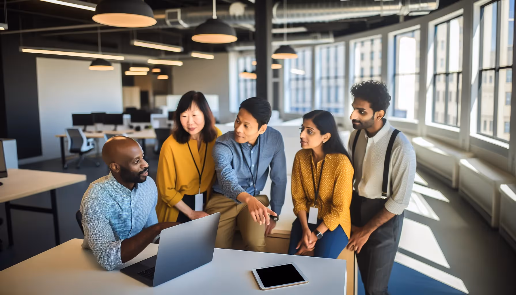 A group of diverse team members working together