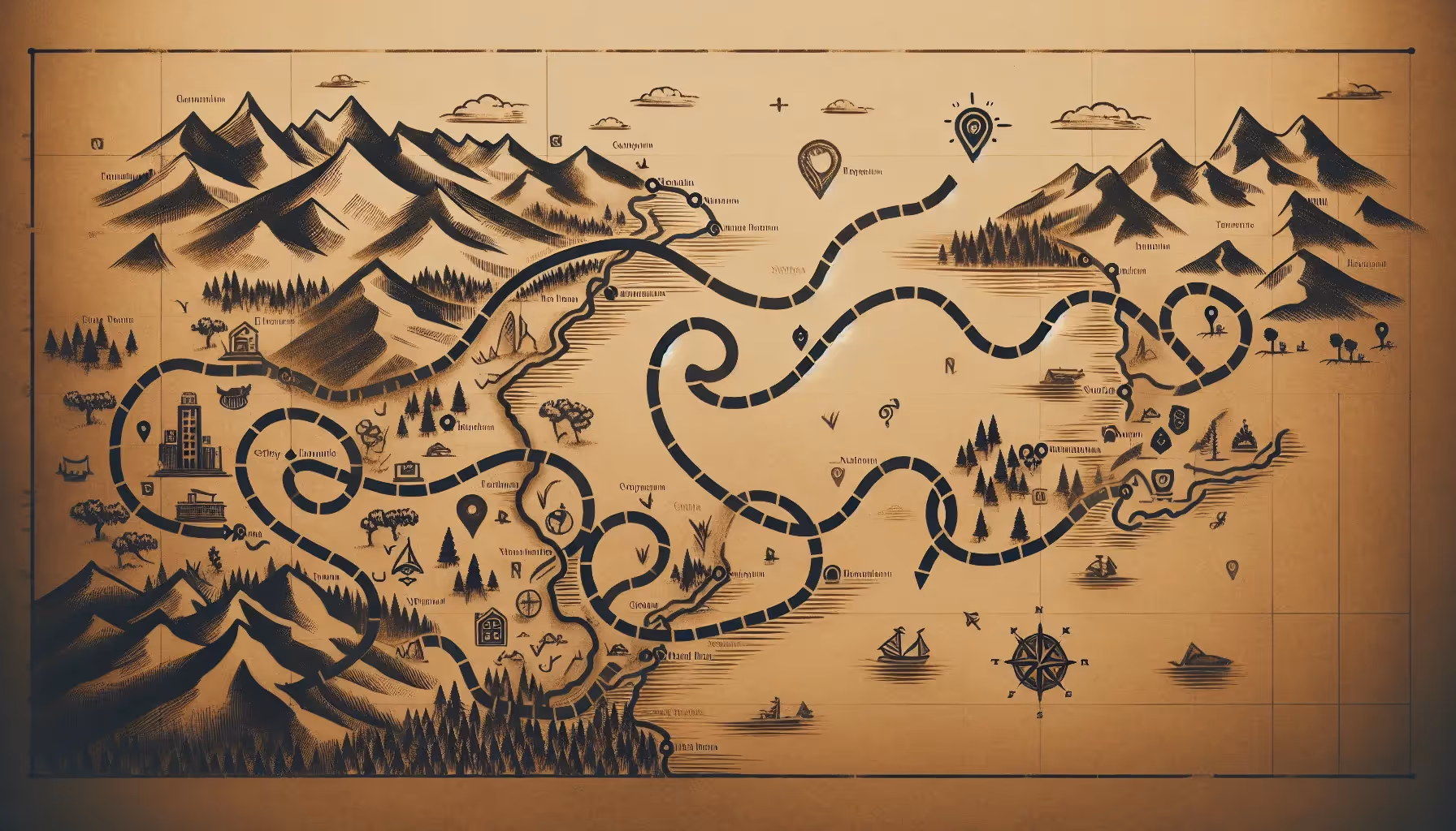 A vintage map with a winding path