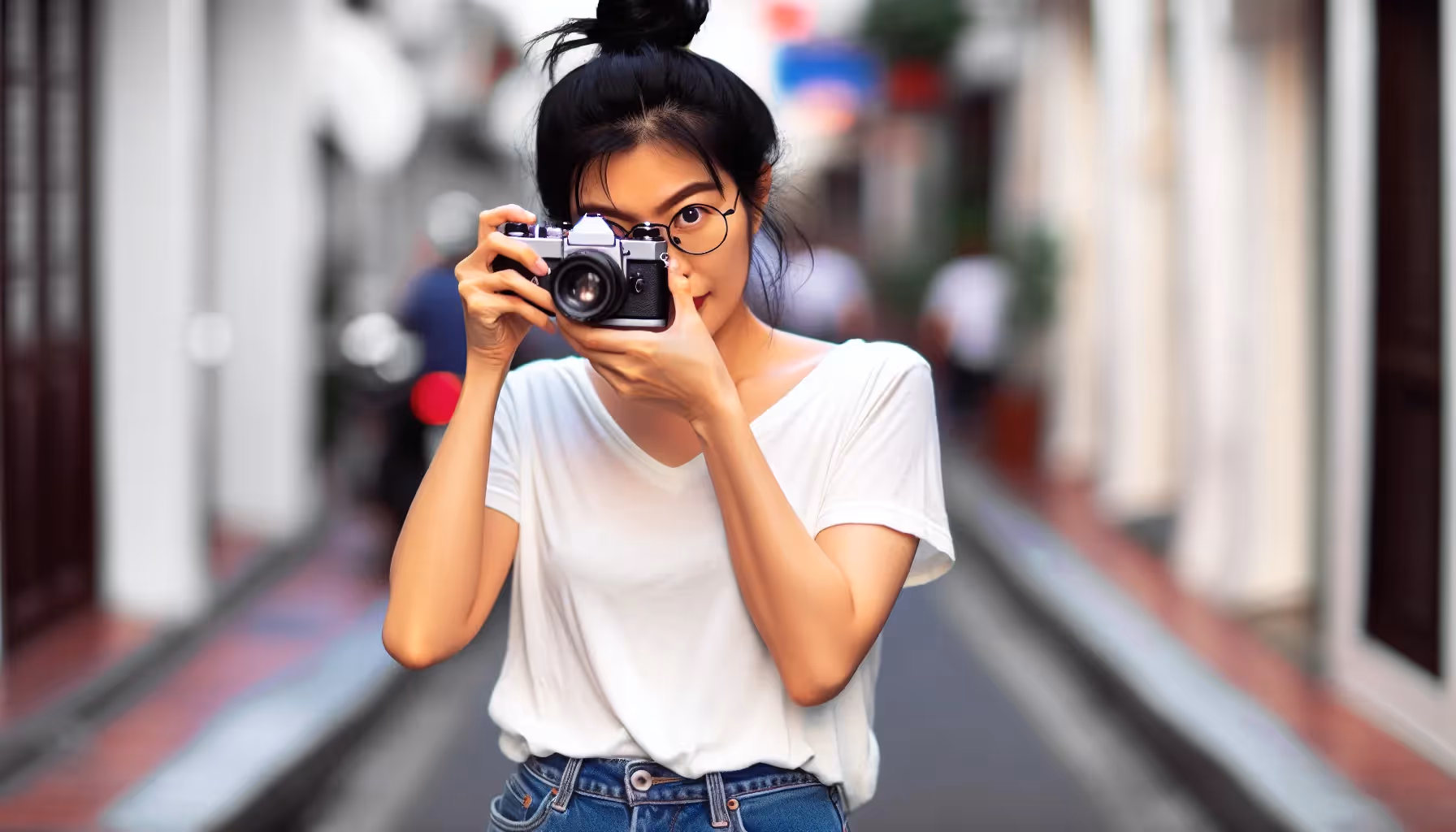 A person holding a camera to capture authentic moments