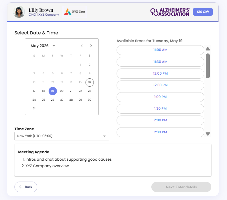 Giv.co sales engagement software interface for scheduling meetings with digital gifts