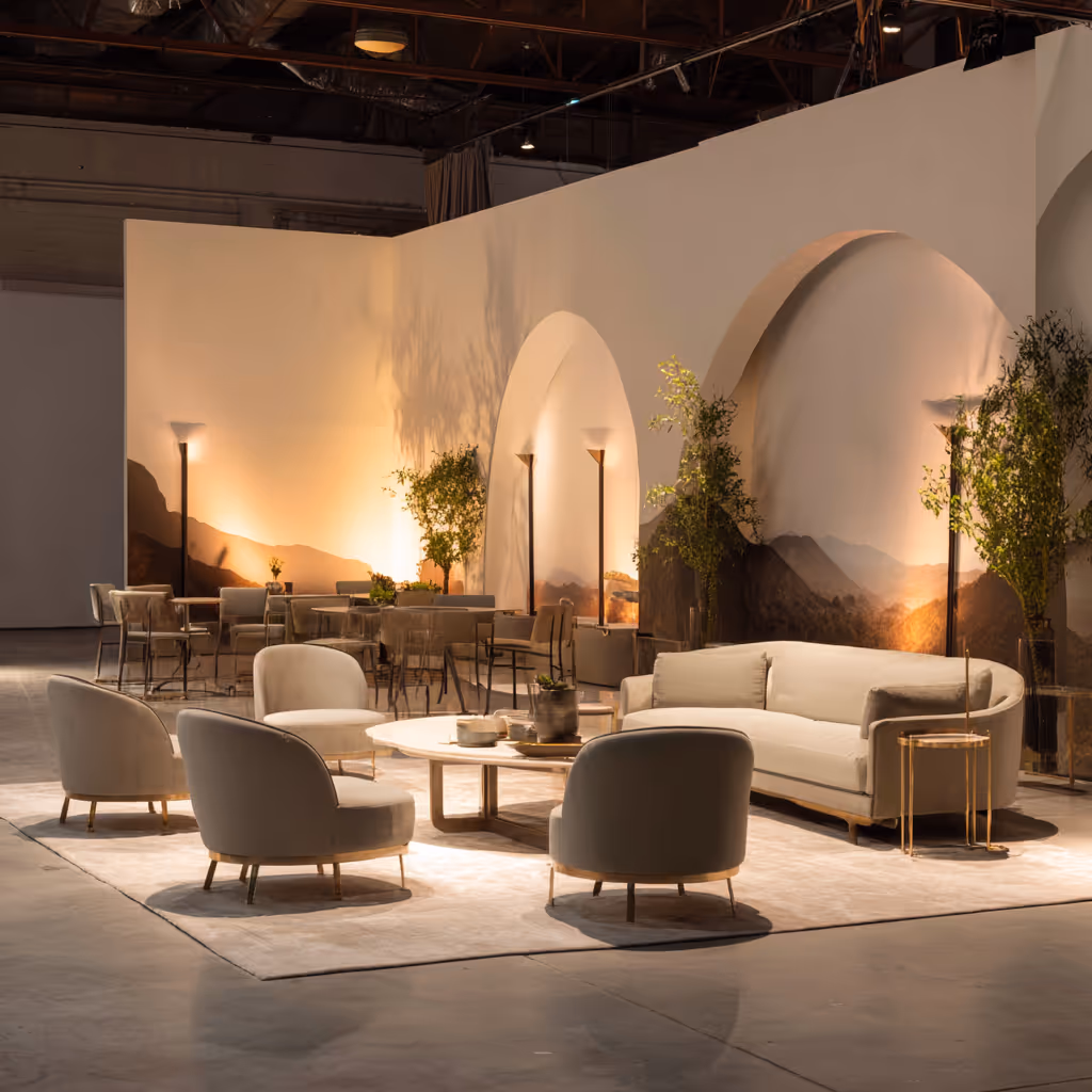 Luxury event lounge setup featuring modern designer furniture, neutral tones, and elegant decor by Revel Republic Rentals in Orange County.