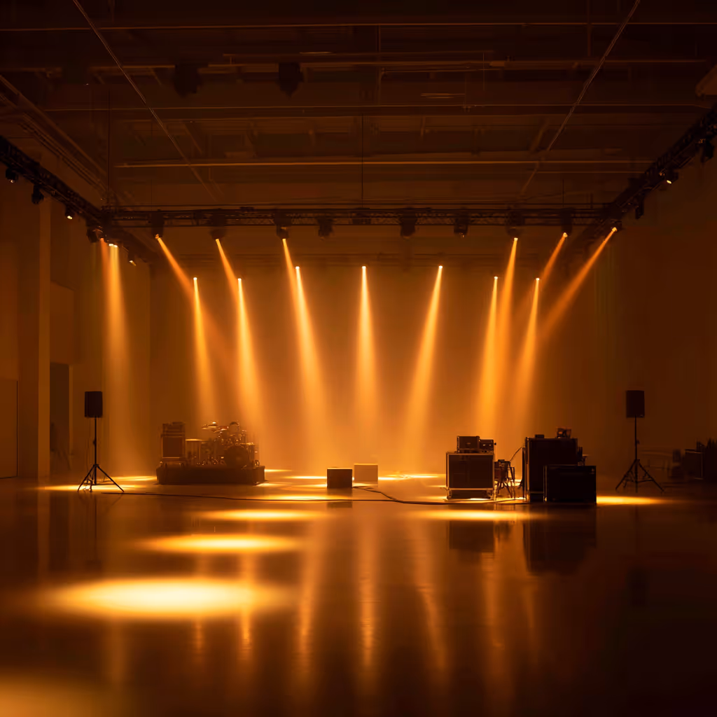 Professional event production setup with warm lighting and sound design for luxury gatherings in Orange County.