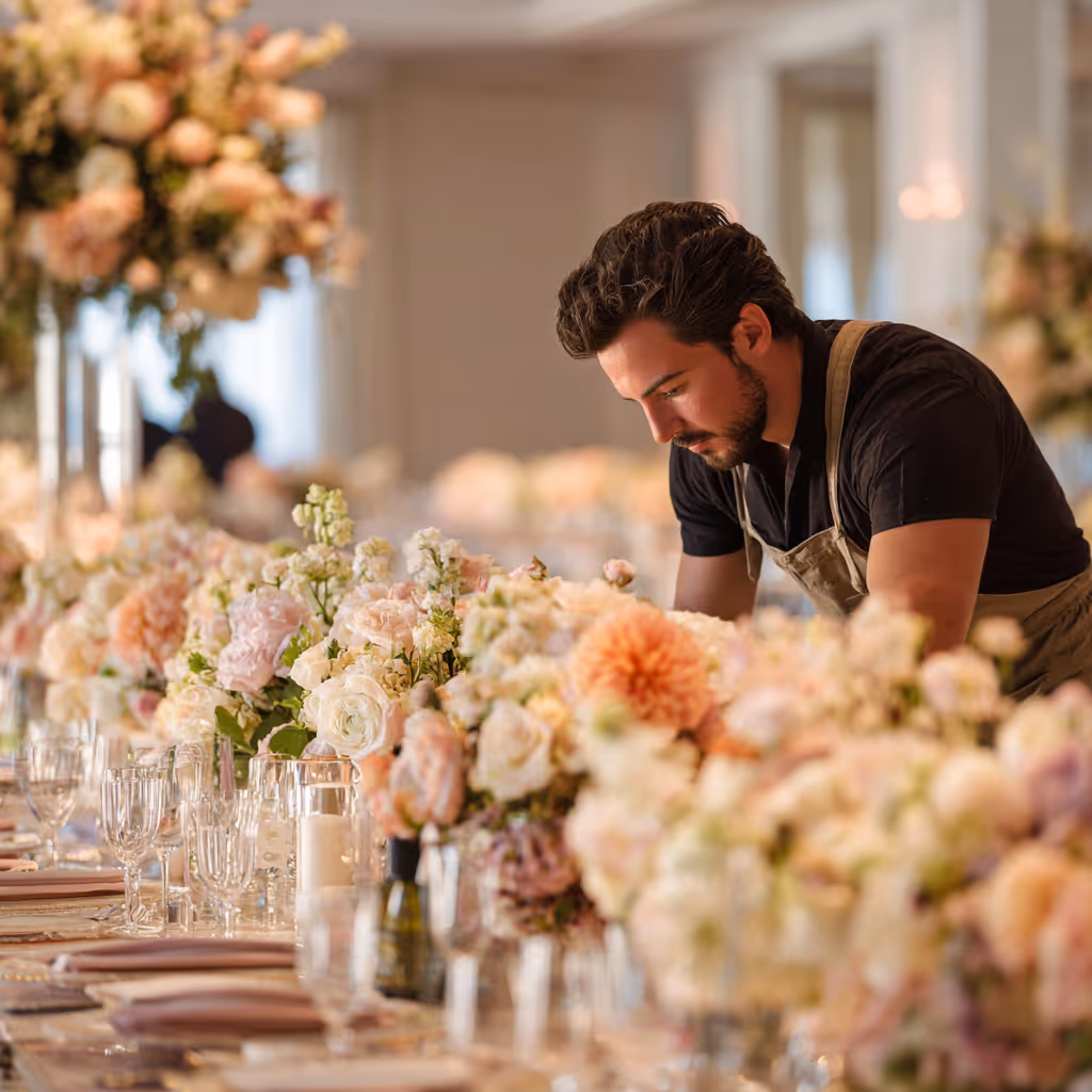 Professional stylist arranging floral centerpieces and table settings during on-site event management by Revel Republic Rentals.