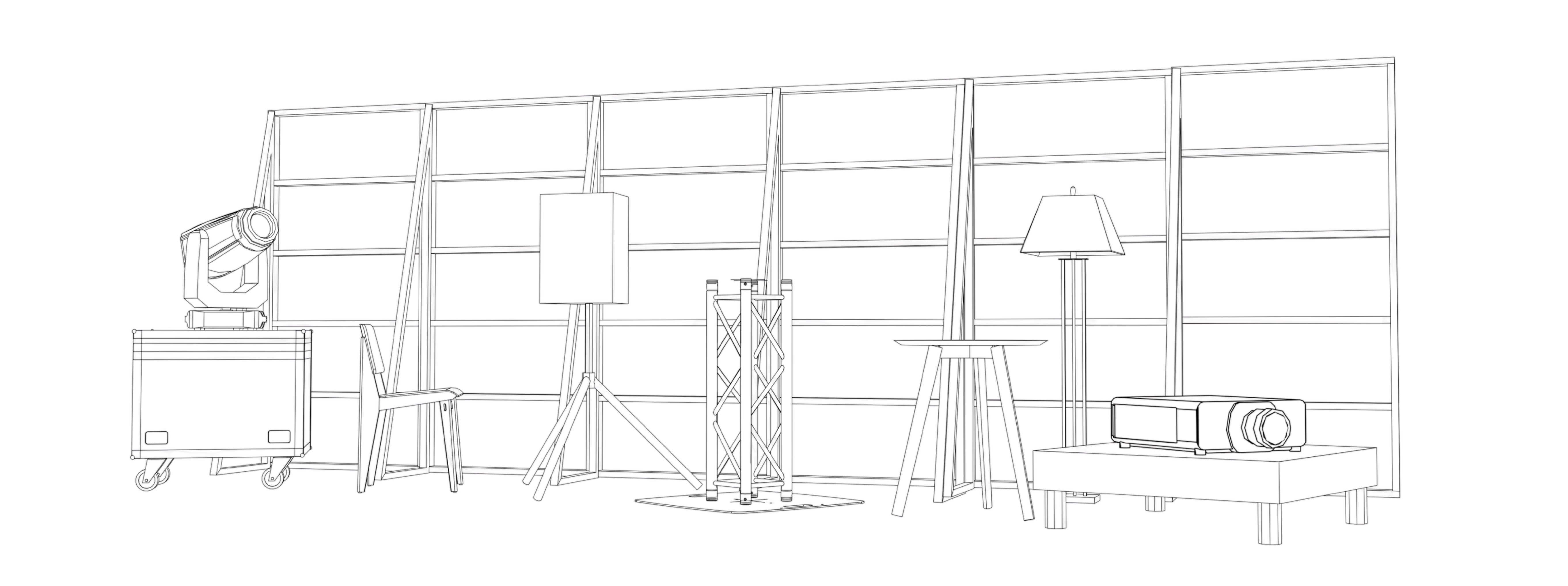 A schematic drawing of the rear of a theatre set. With various items in front indicating items for rent. 