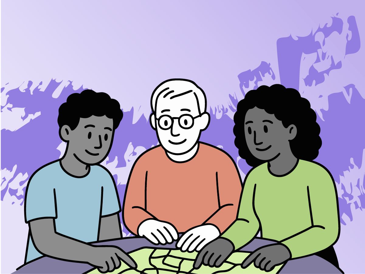 Illustration of three people gathered around a table, collaboratively reviewing a map or documents, suggesting teamwork, guidance, and shared problem‑solving.