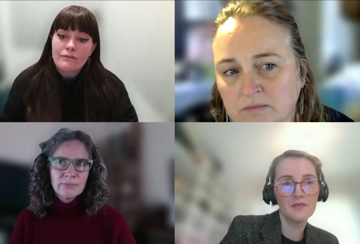 Four-person video call in a grid layout, each participant in separate frame, seated indoors with neutral backgrounds; one participant wears headphones, another wears glasses; varied lighting and background blur.