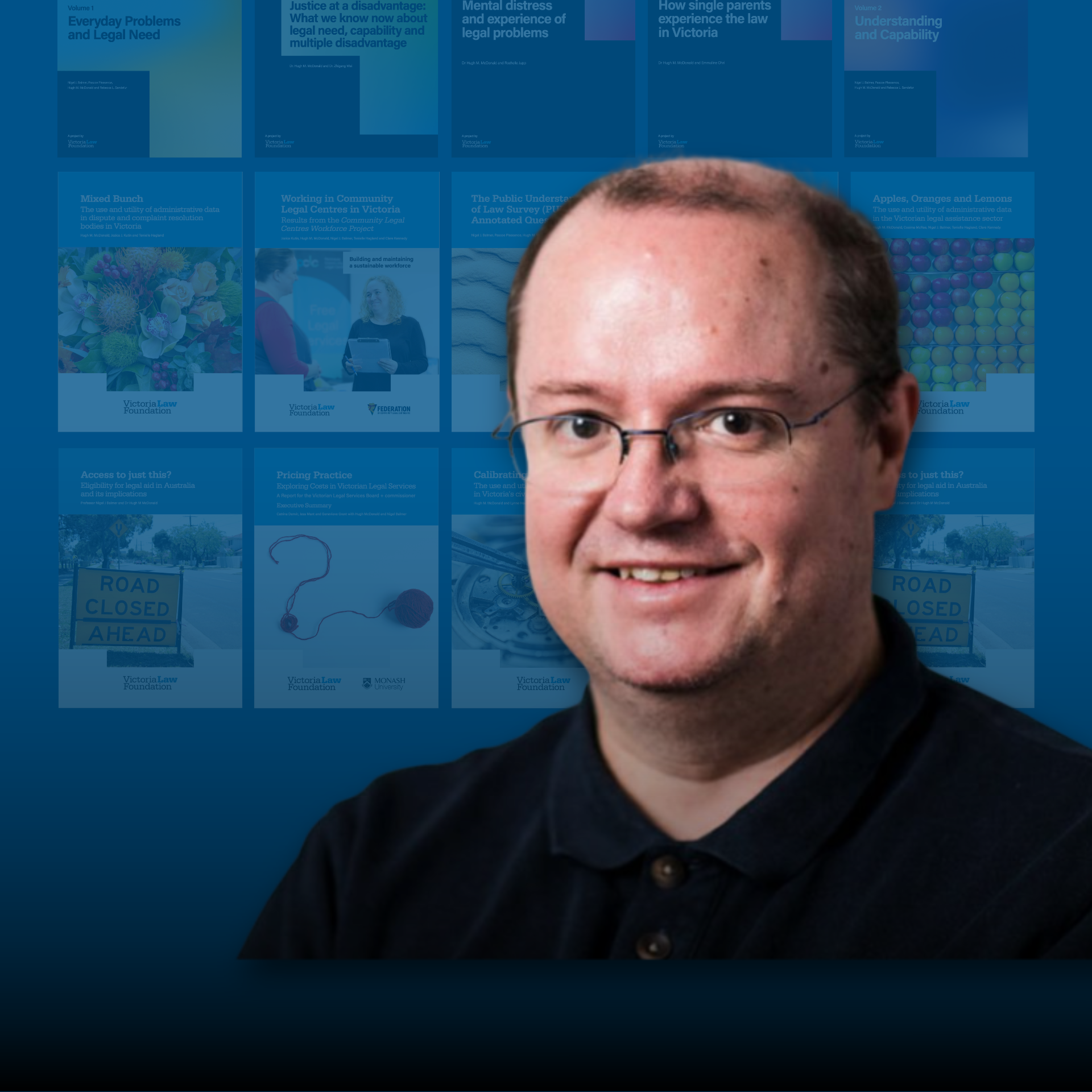 Dr Hugh McDonald on a background made of the covers of his published research papers. 
