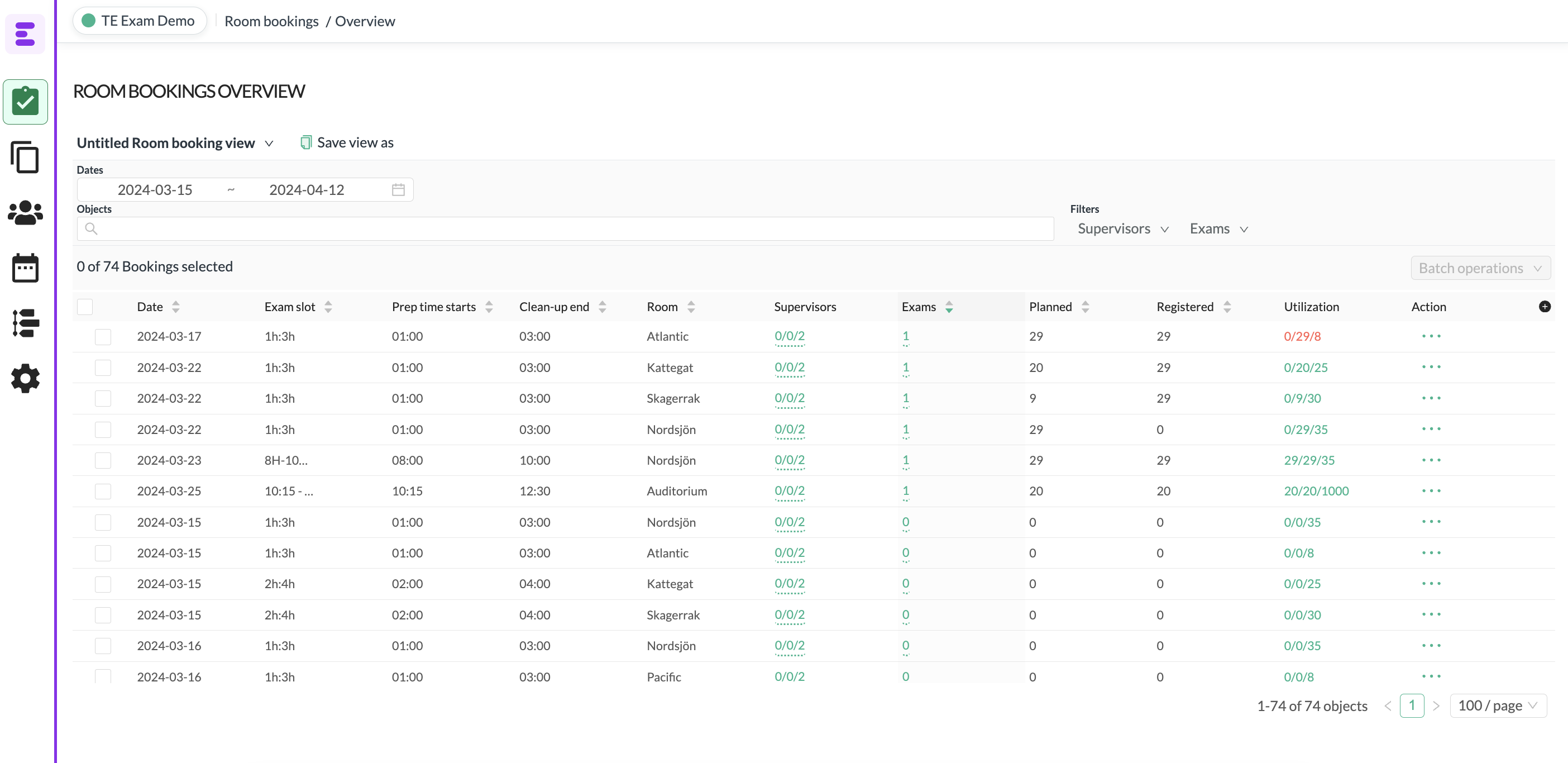 An image of Exam room booking overview with new sidebar