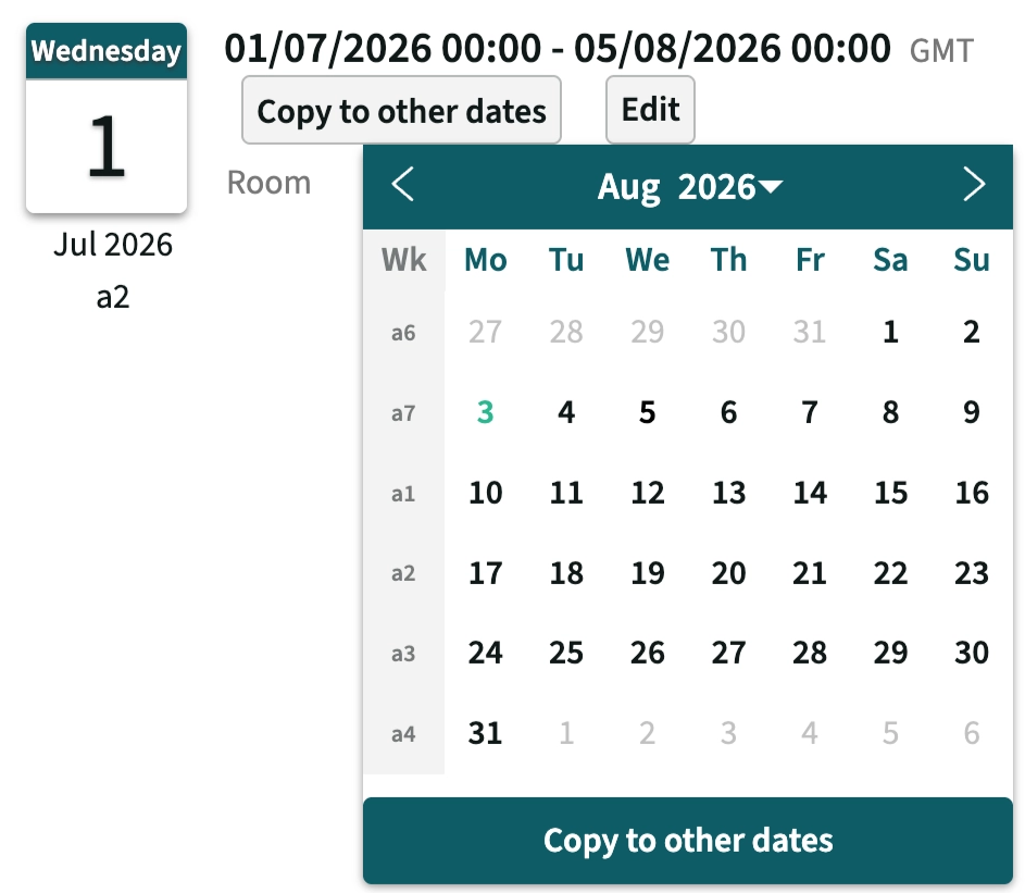 Screenshot of Copy to other dates dialogue, with custom weeknames