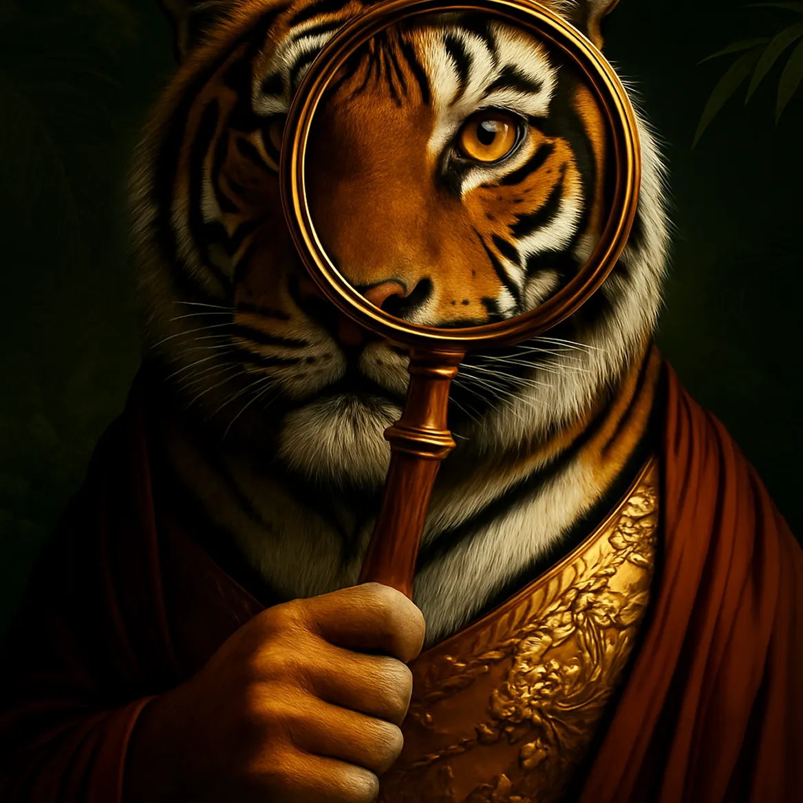 Tiger looking straight with magnifying glass