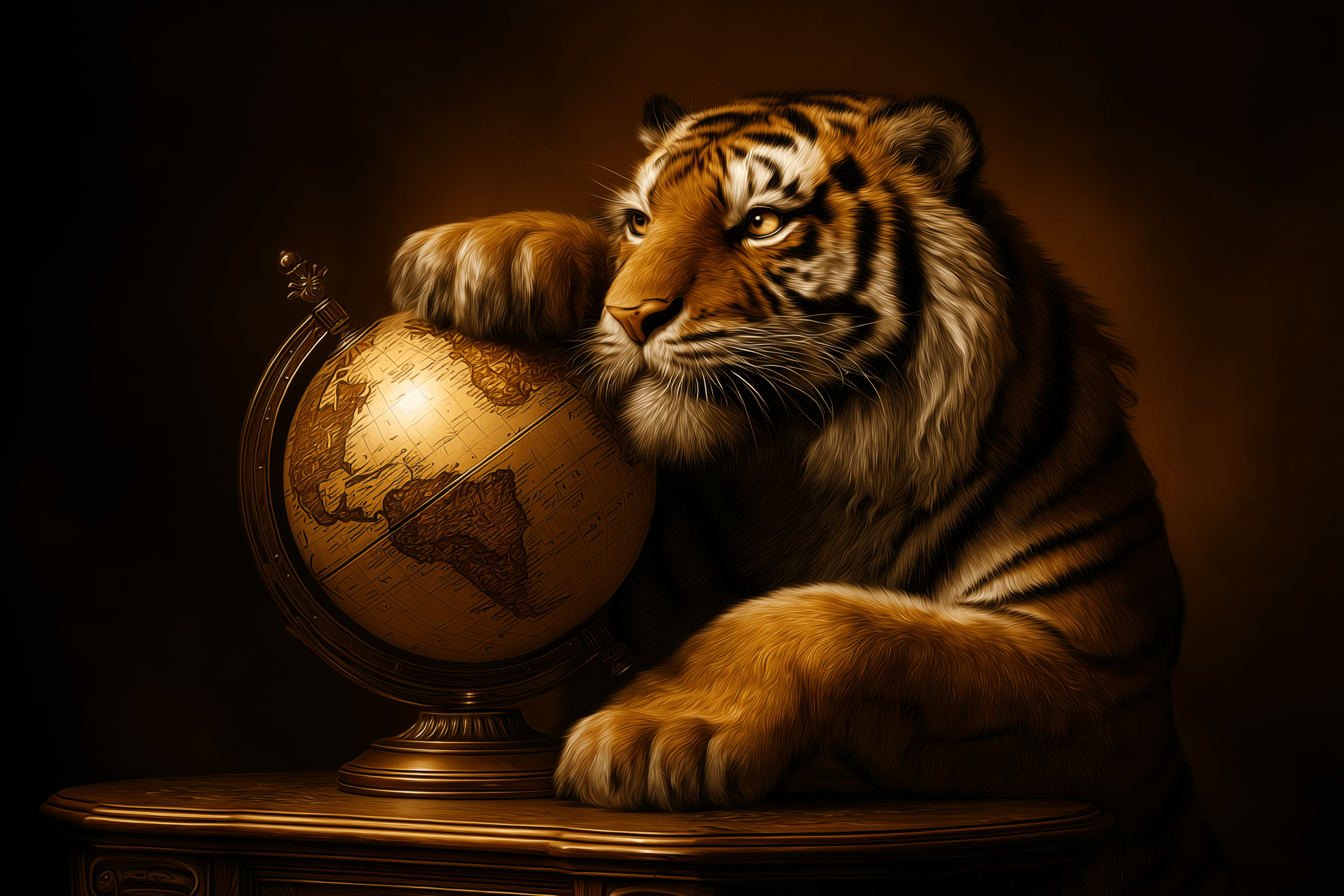 Tiger looking straight with magnifying glass