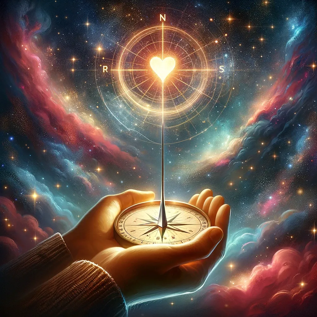 Hands holding a compass pointing north towards a glowing heart symbol in a vibrant cosmic background with stars and colorful nebula clouds.