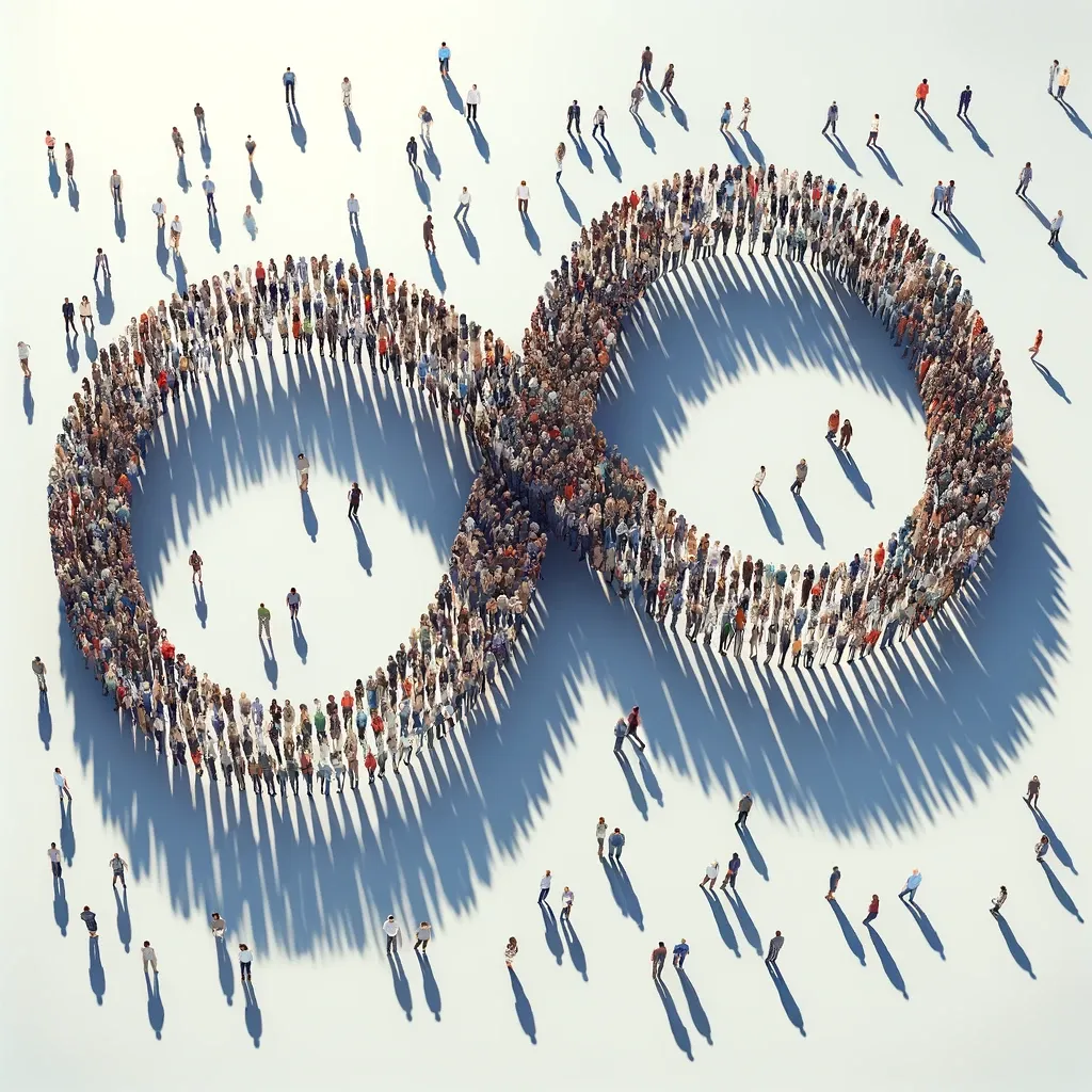 A large group of people standing in the shape of an infinity symbol with long shadows on a light surface.