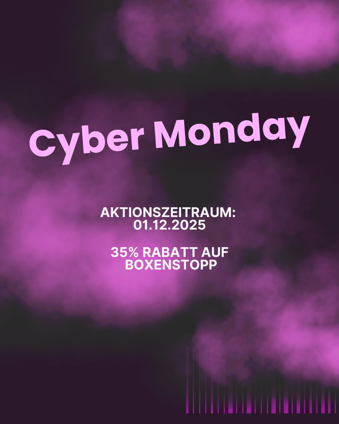 Visual des Cyber-Monday-Specials 2025 von die.agilen mit violettem Nebeleffekt und Text: 35 % Rabatt auf OKR Boxenstopp.