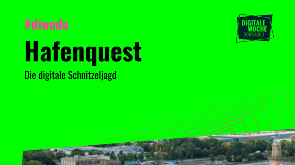 Ankündigungsgrafik zum Event „#diwodo Hafenquest – Die digitale Schnitzeljagd" mit Logo der Digitalen Woche Dortmund.