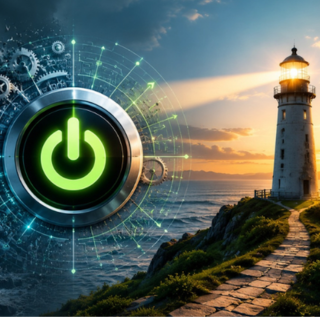 Ankündigungsgrafik zum Vortrag „Reboot your Company — OKR als Betriebssystem für krisenresistente Führung" mit stilisiertem Power-Knopf vor Küstenlandschaft.