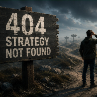 Ankündigungsgrafik zum Vortrag „404: Strategy not found" mit einer Person vor einem Schild mit der Aufschrift „404 Strategy not found".