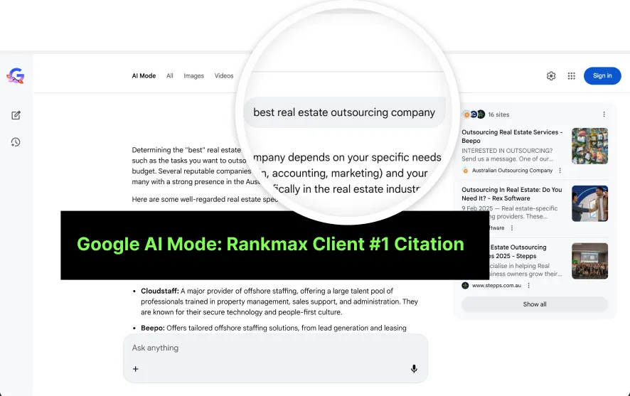 Google AI mode screenshot showing Rankmax client recieving #1 citation for the prompt "best real estate outsourcing company".