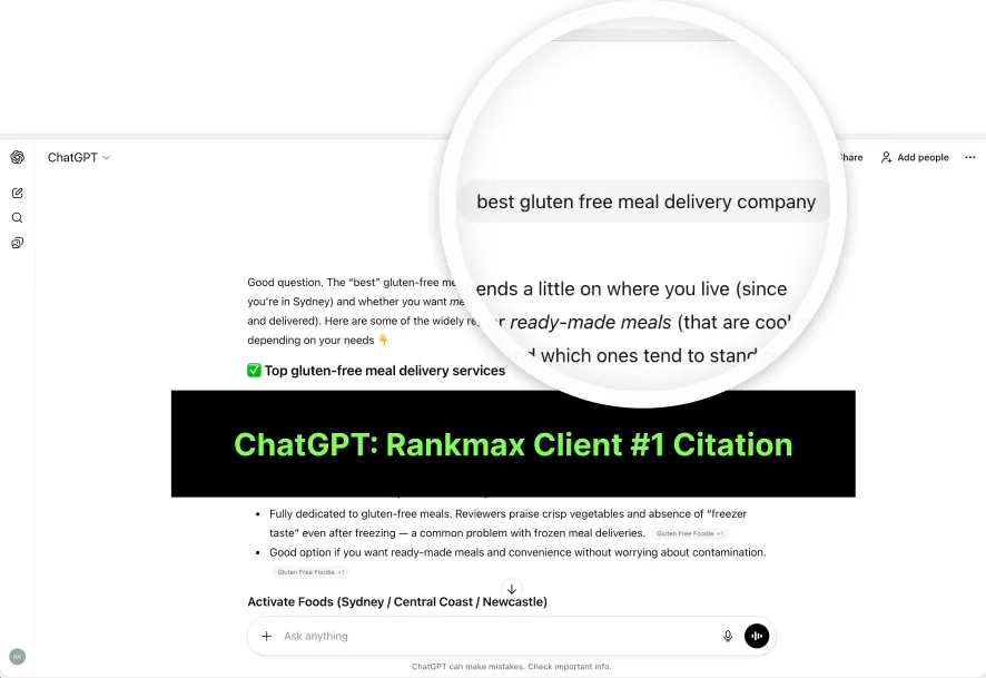 ChatGPT screenshot showing Rankmax client recieving #1 citation for the prompt "best gluten free meal delivery company".