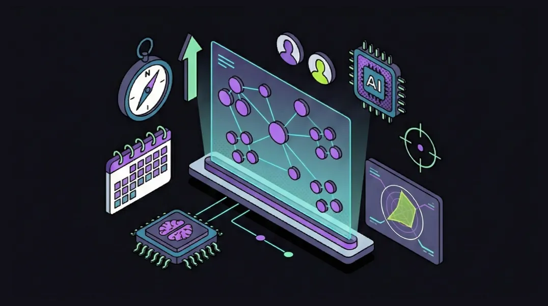 Isometric illustration of AI SEO strategy development with keyword research nodes and content calendar for marketing campaigns