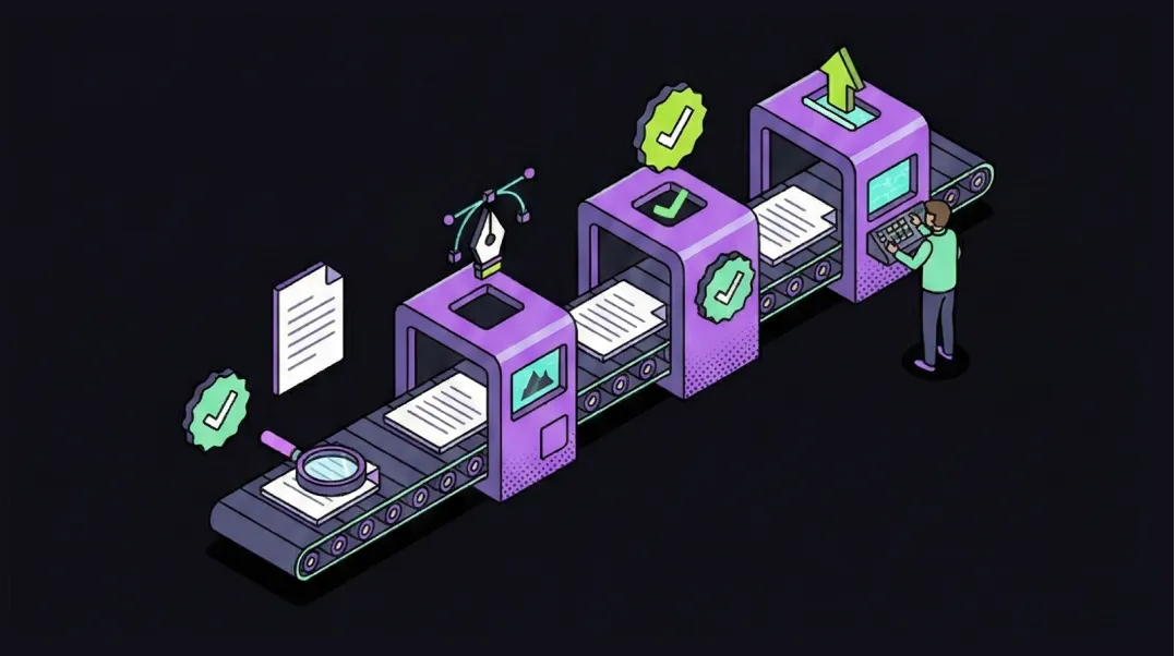 Isometric illustration of SEO content creation process showing research-backed article assembly with quality indicators