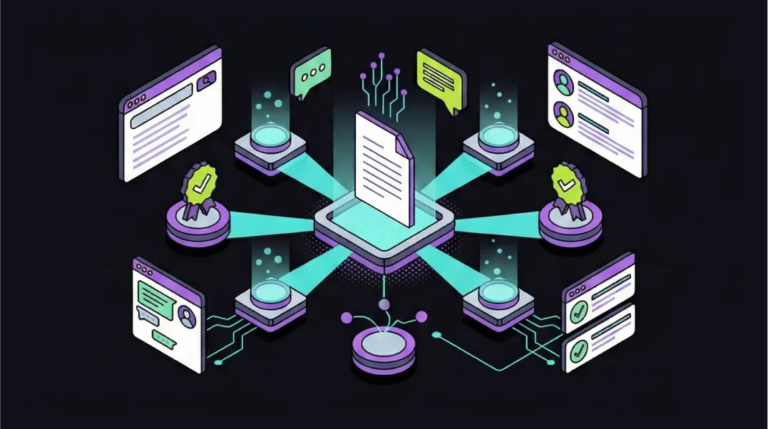 Isometric illustration of content management system publishing workflow with optimisation stages and website preview
