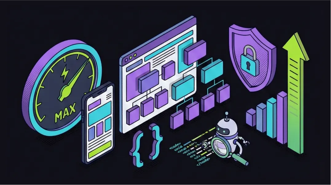 Isometric illustration of website technical SEO health monitoring with Core Web Vitals gauges and diagnostic tools