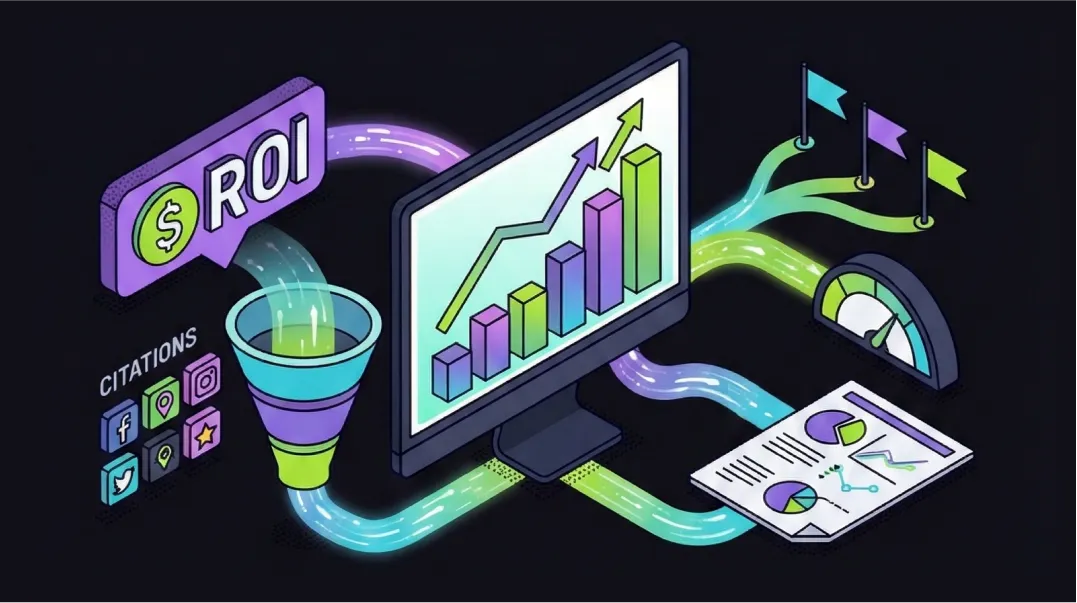 Isometric illustration of content marketing performance dashboard displaying revenue graphs and ROI tracking metrics