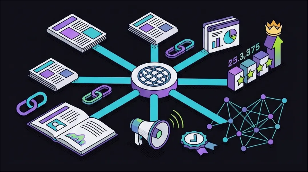 Isometric illustration of strategic link building network showing authoritative backlink pathways and domain growth