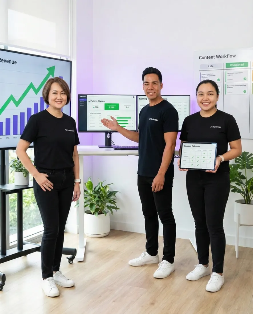 Rankmax content marketing agency team reviewing successful campaign results showing revenue growth and AI search citations on dashboards